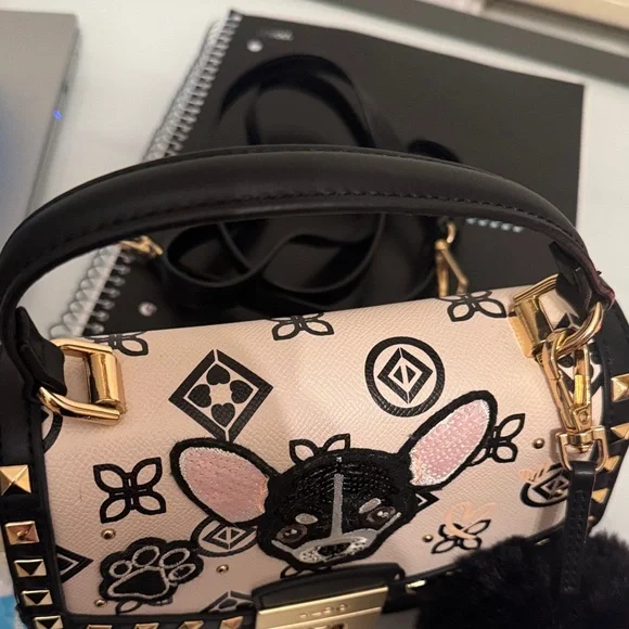 Aldo Black & Pink Dog Motif Top-Handle Satchel with Pom - Picture 10 of 10